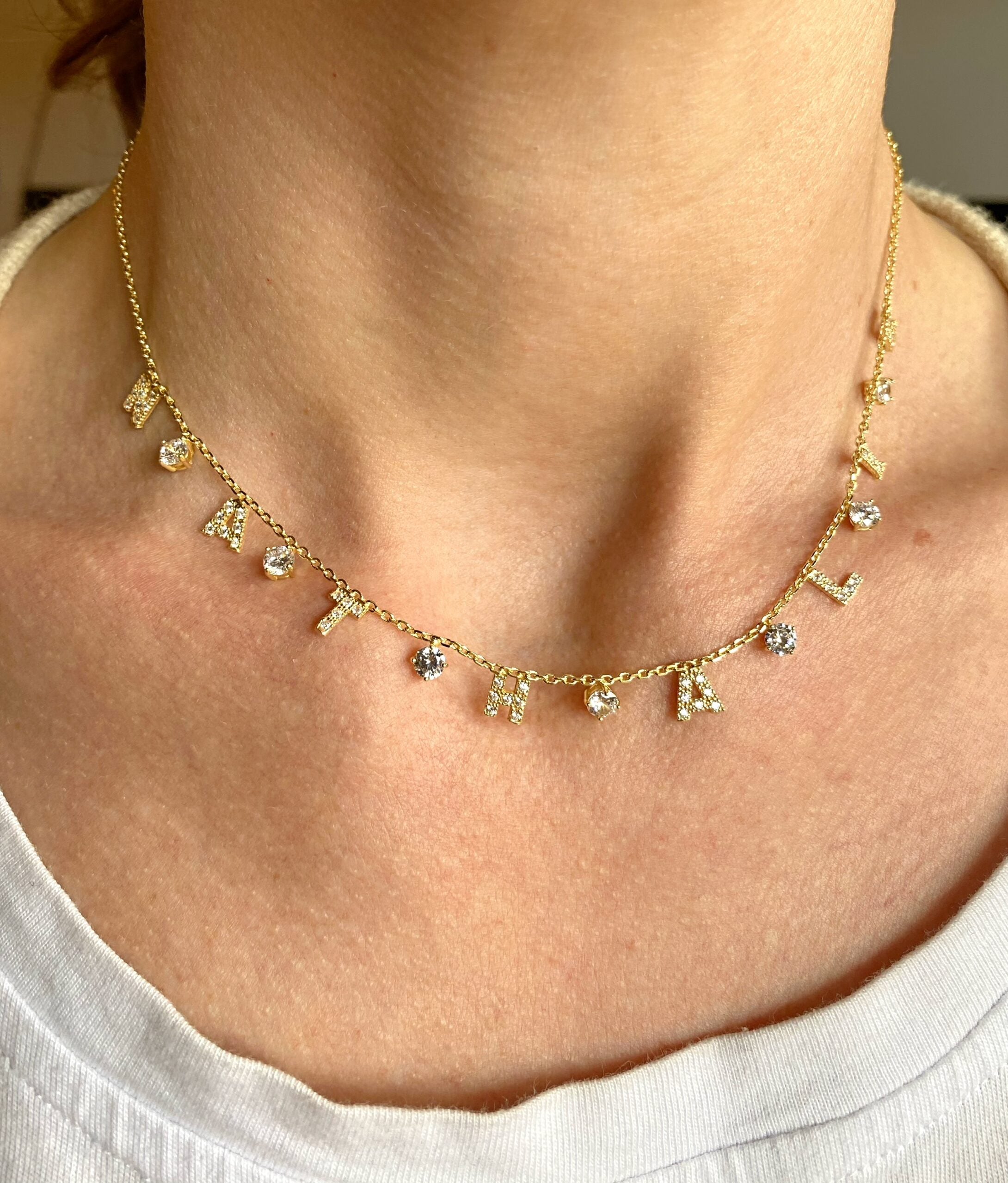 Collana amore personalizzabile lettere zirconi e punti luce bianchi o multicolor