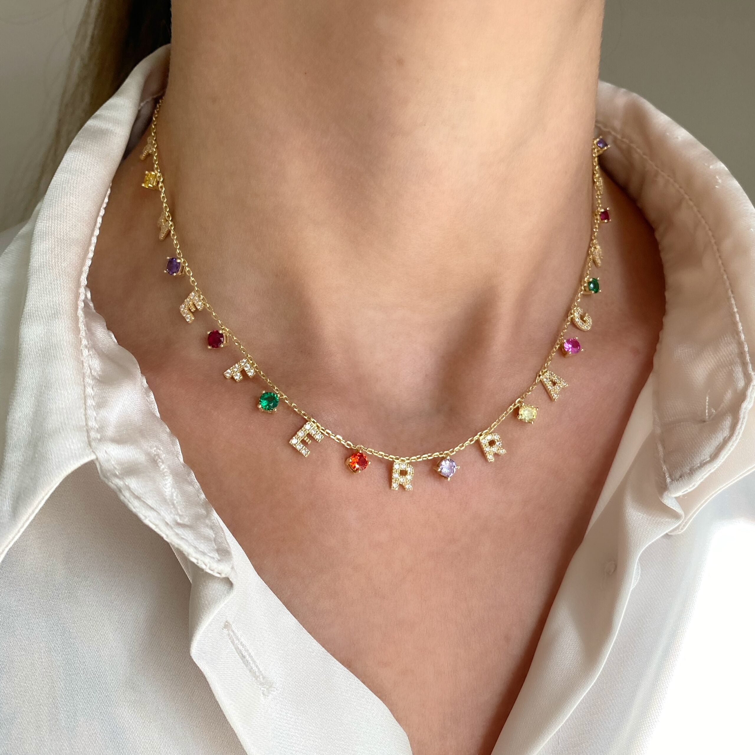 Collana amore personalizzabile lettere zirconi e punti luce bianchi o multicolor