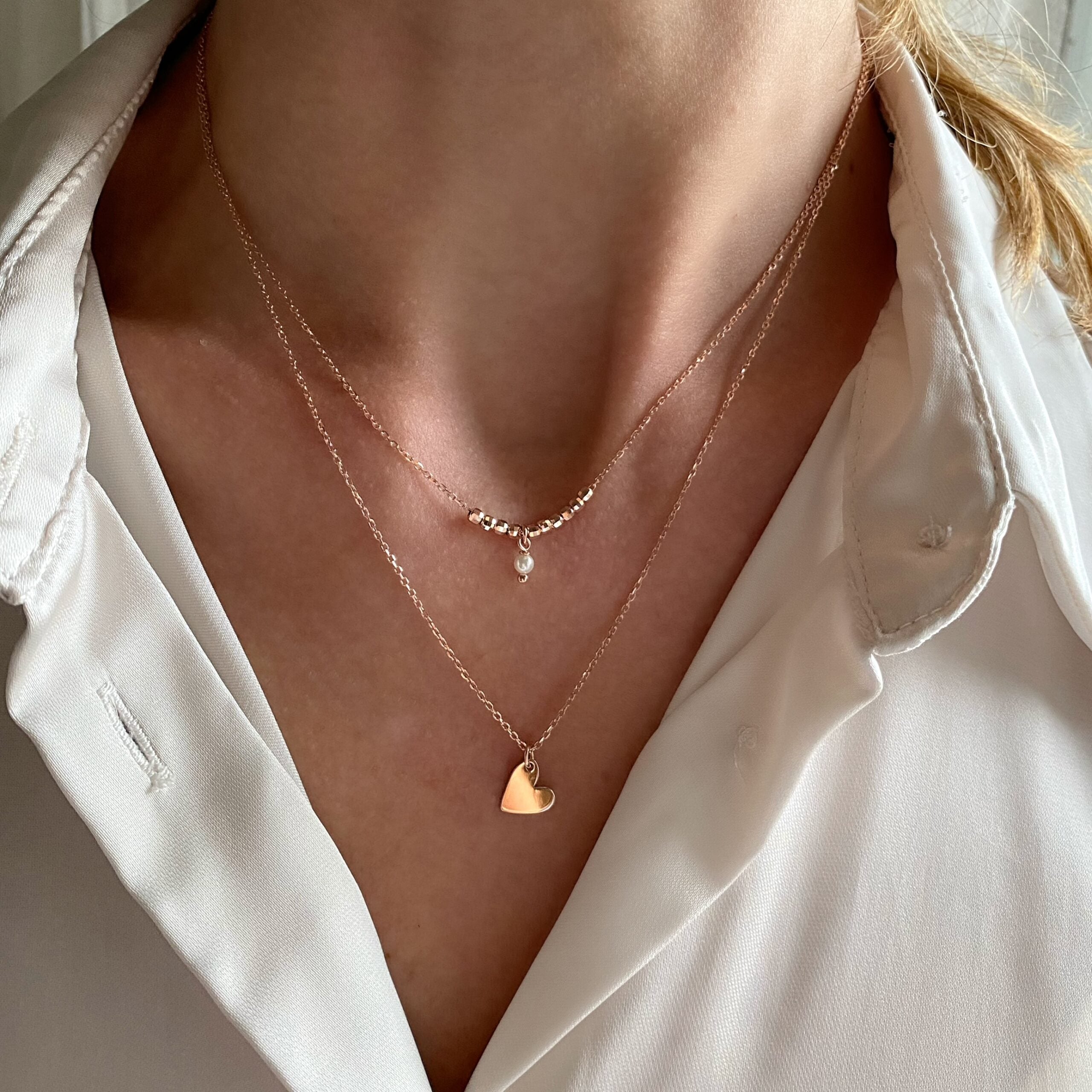 Collana duetto con cuore e perlina o cuore