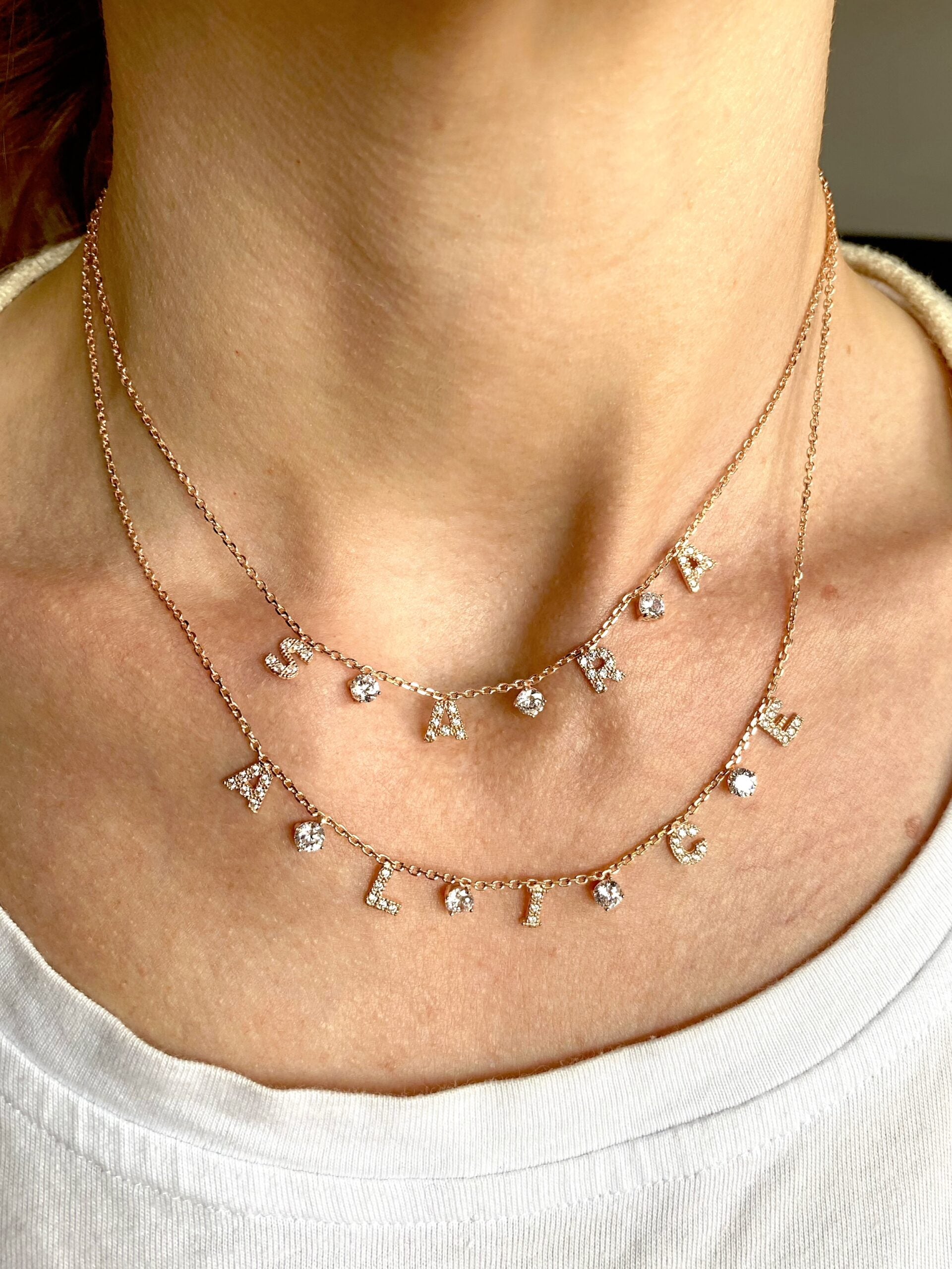 Collana amore personalizzabile lettere zirconi e punti luce bianchi o multicolor