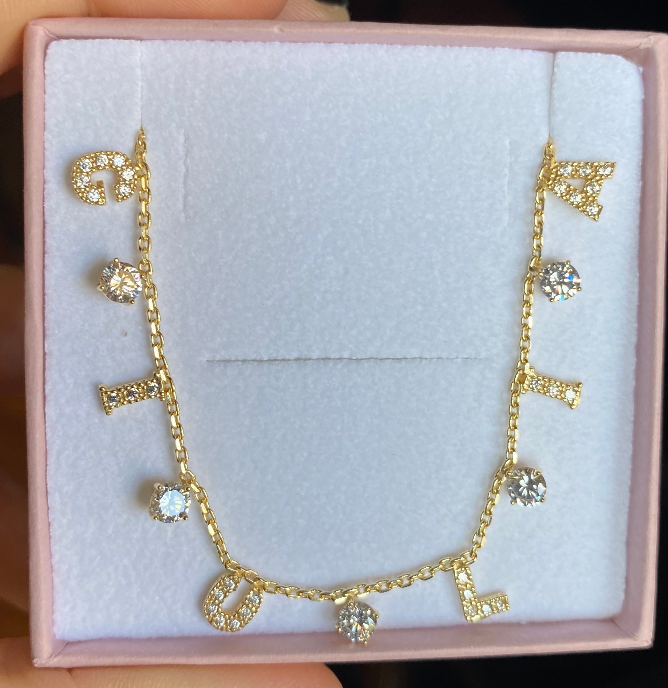 Collana amore personalizzabile lettere zirconi e punti luce bianchi o multicolor