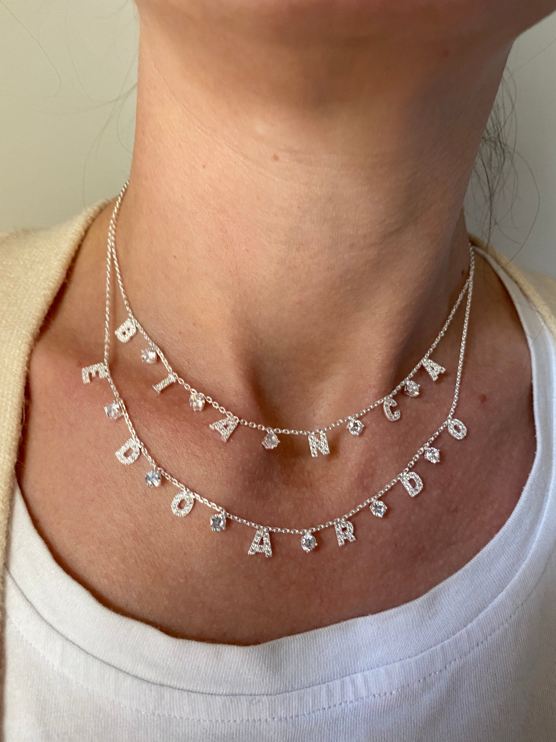 Collana amore personalizzabile lettere zirconi e punti luce bianchi o multicolor