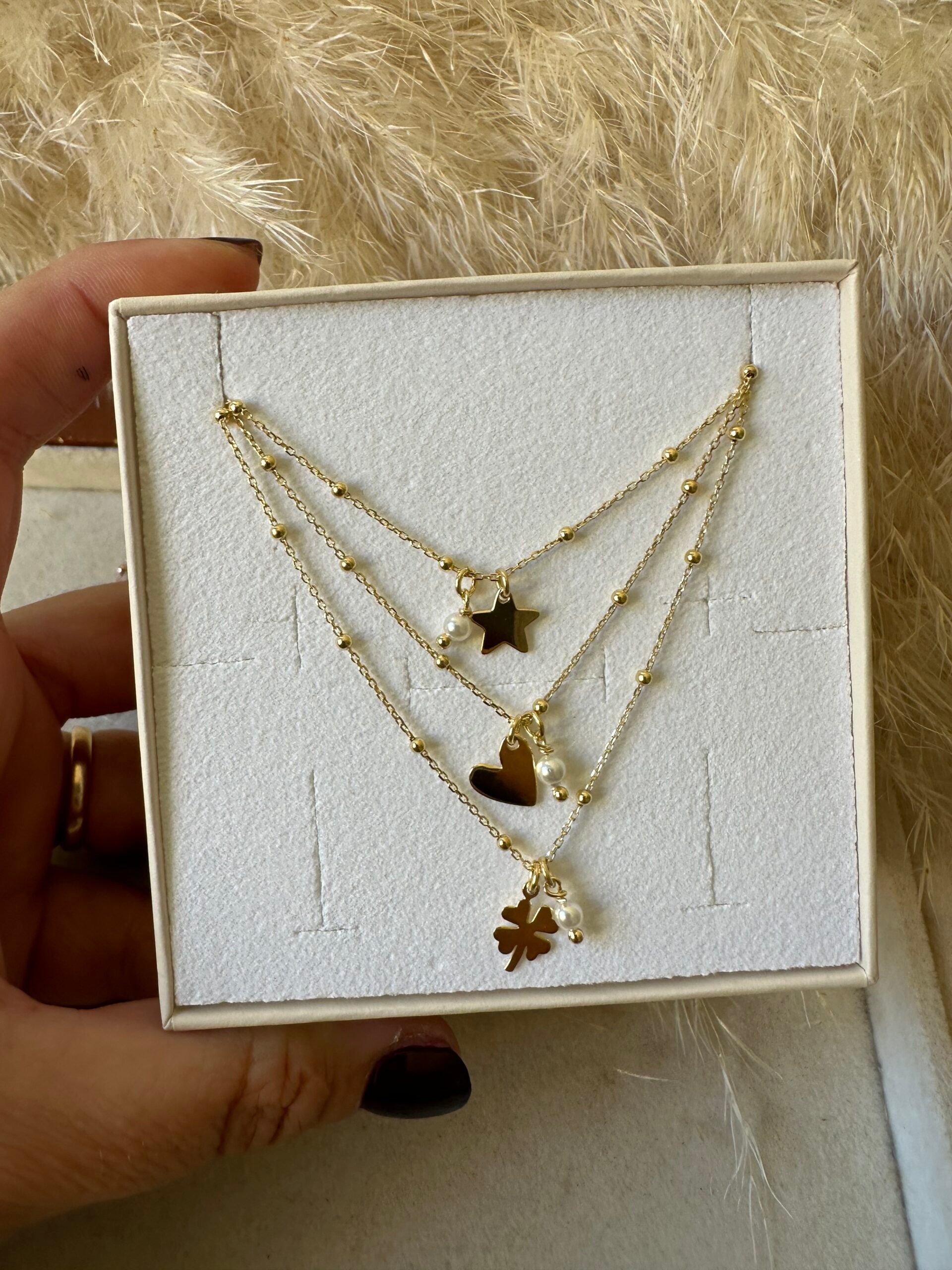 Collana micro rosario cuore\stella\quadrifoglio e mini cornetto