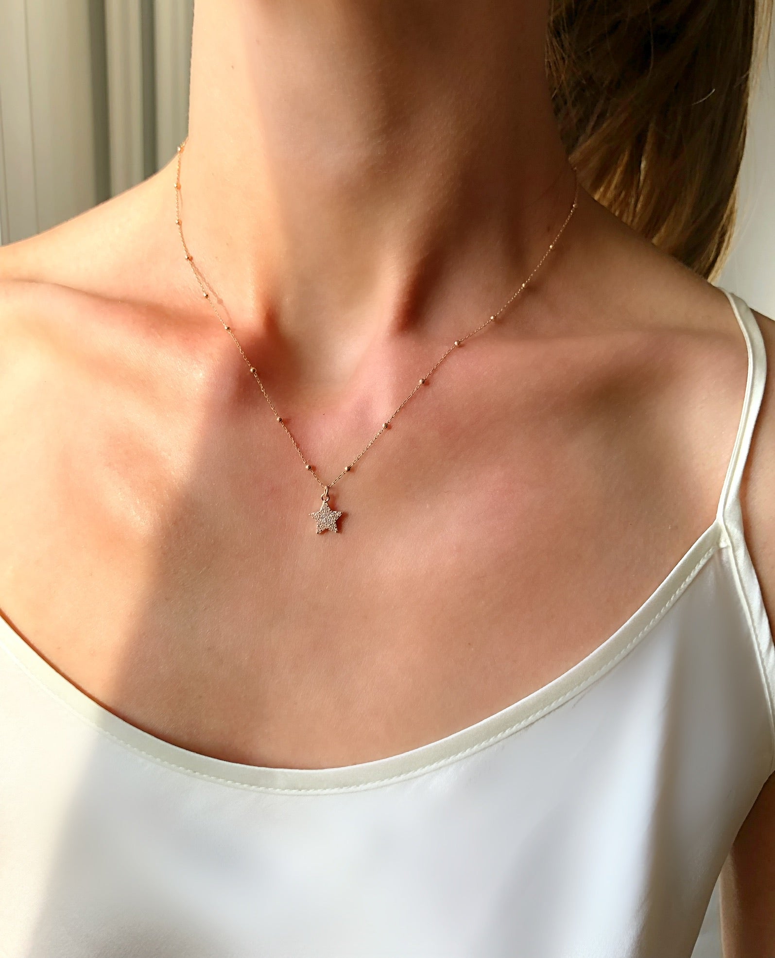 Collana rosario con ciondolo cuore, stella, quadrifoglio zirconi neri o bianchi