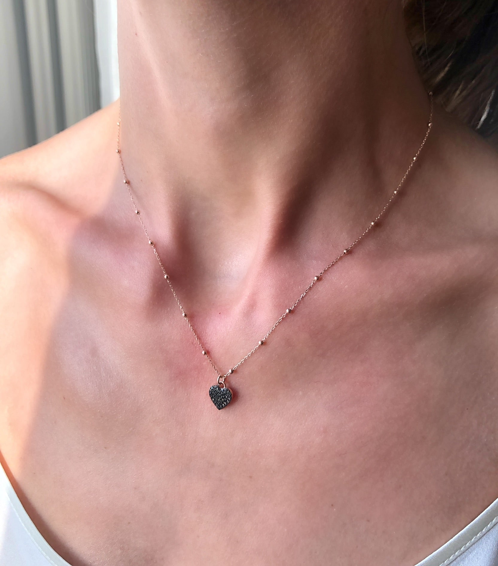 Collana rosario con ciondolo cuore, stella, quadrifoglio zirconi neri o bianchi